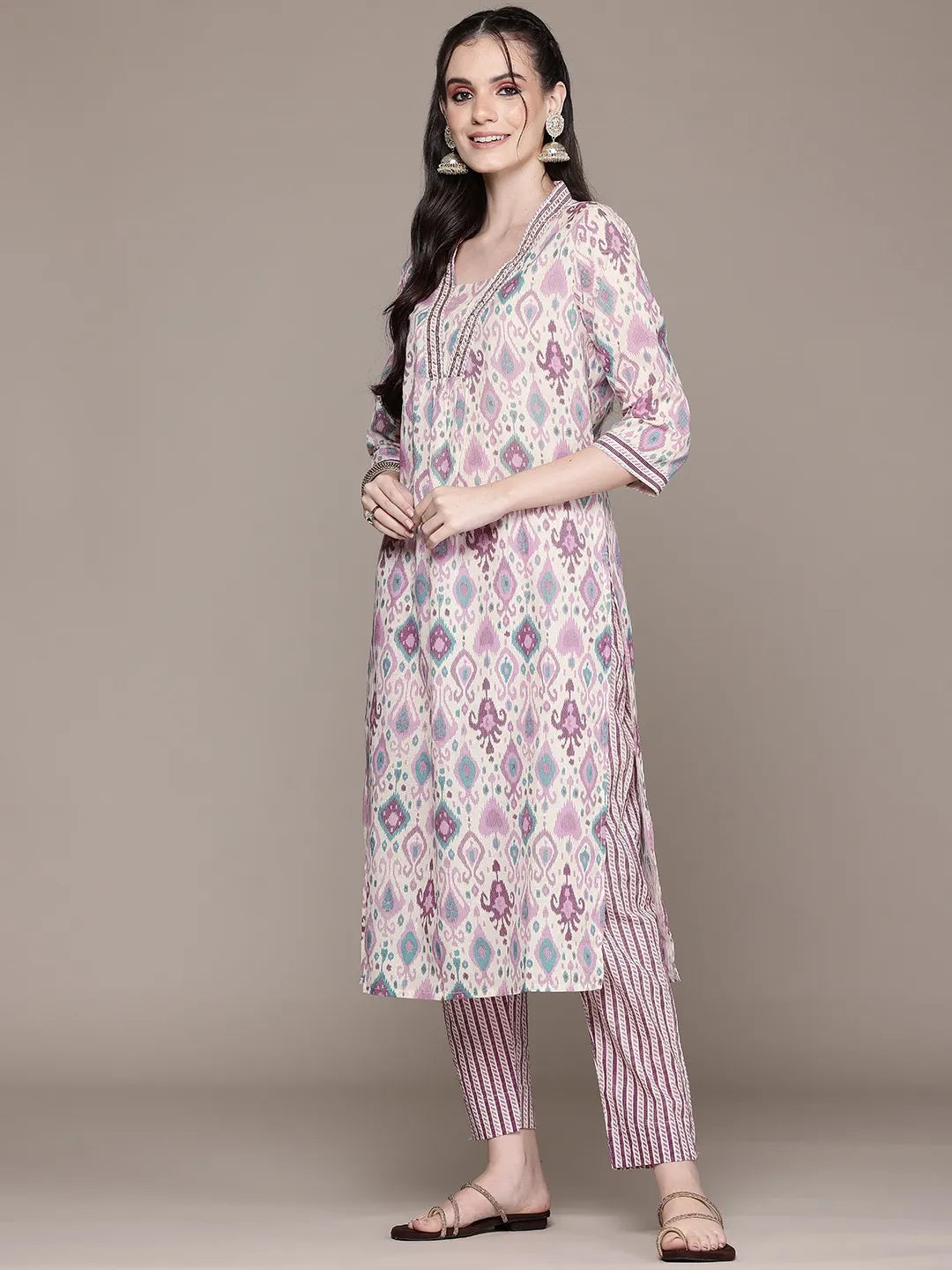 A line Purple color Printed kurta with Palazzo and Dupatta with Sequin work