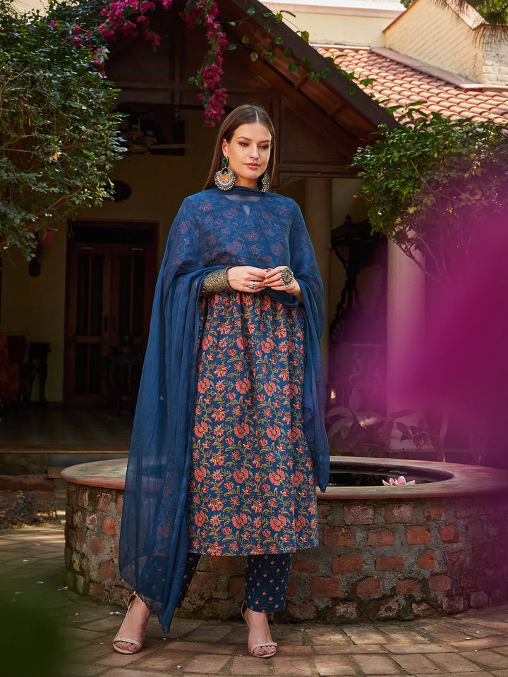 Navy Floral Front Dori Gathered Kurta With Pencil Pants & Dupatta