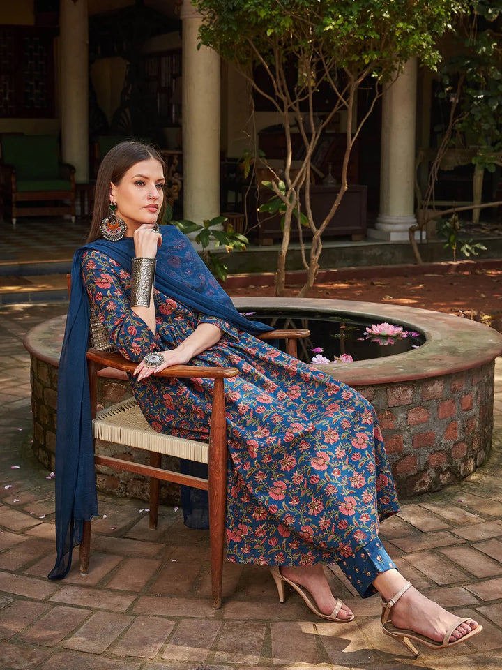 Navy Floral Front Dori Gathered Kurta With Pencil Pants & Dupatta