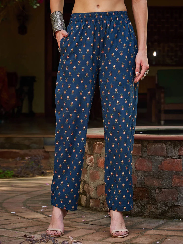 Navy Floral Front Dori Gathered Kurta With Pencil Pants & Dupatta