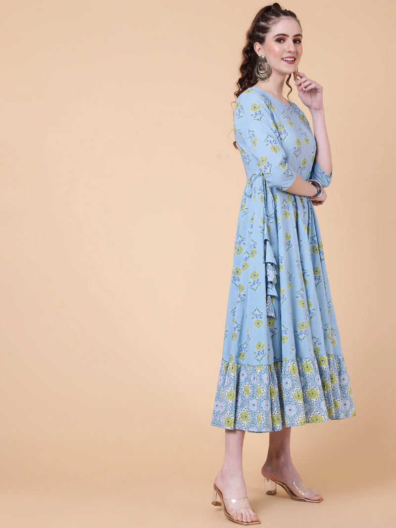 COTTON CALF LENGTH PRINTED FLARED 3/4 SLEEVES ROUND NECK KURTA