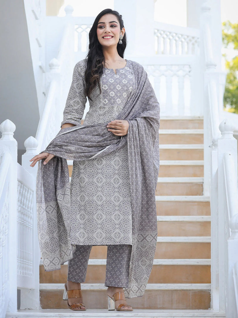 STRAIGHT STYLE COTTON FABRIC GREY COLOR EMBROIDERED PRINTED KURTI WITH PALAZZO AND DUPATTA