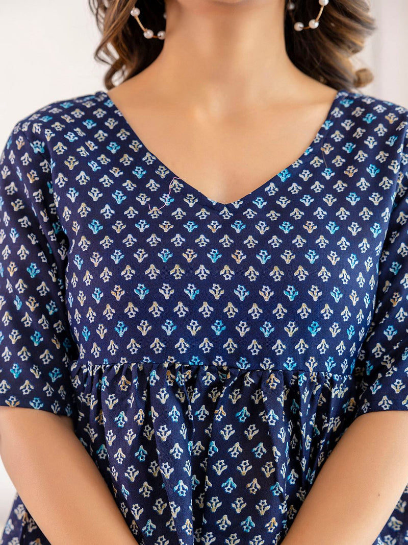 NAVY BLUE PRINTED V-NECK PEPLUM TUNIC