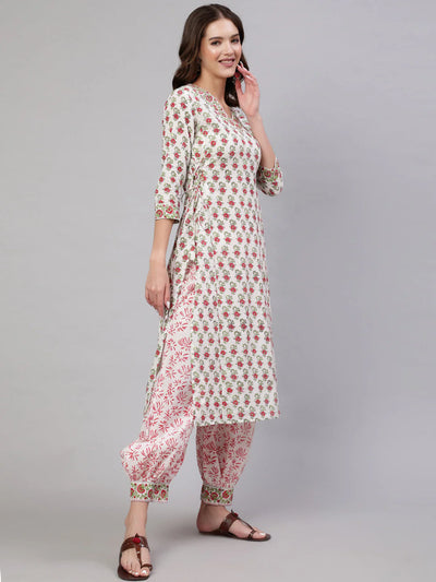 COTTON PRINTED CALF LENGTH STRAIGHT 3/4 SLEEVE ROUND NECK KURTA, PANTS WITH DUPATTA SET