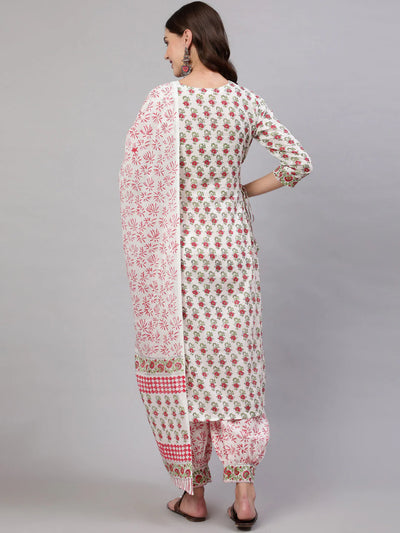 COTTON PRINTED CALF LENGTH STRAIGHT 3/4 SLEEVE ROUND NECK KURTA, PANTS WITH DUPATTA SET