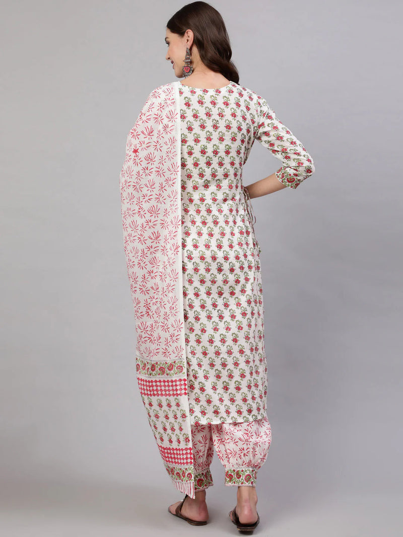 COTTON PRINTED CALF LENGTH STRAIGHT 3/4 SLEEVE ROUND NECK KURTA, PANTS WITH DUPATTA SET