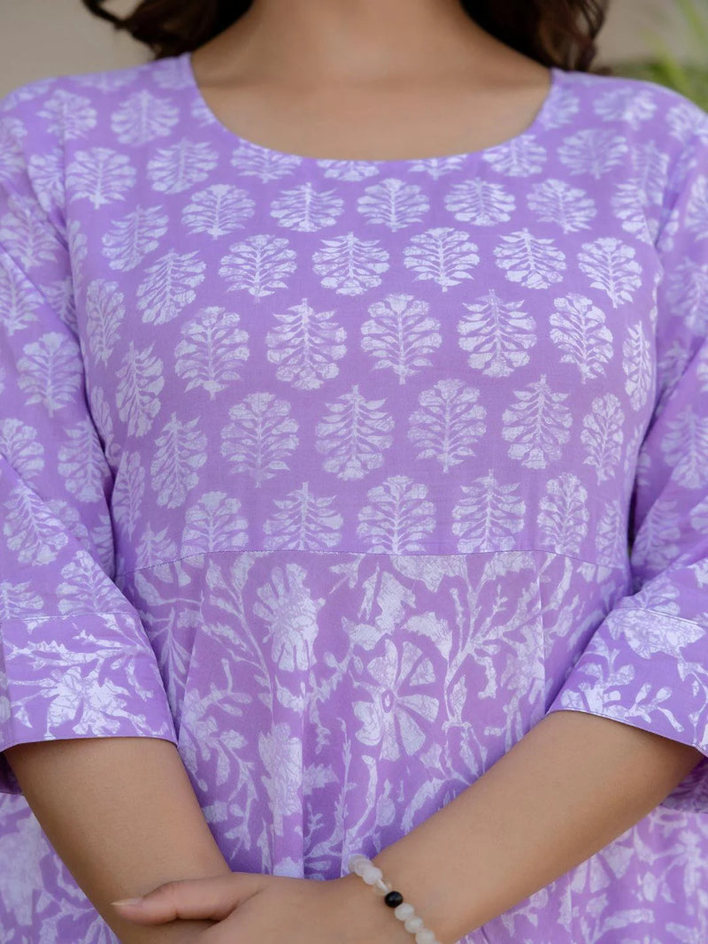 PURPLE ETHNIC PRINTED FLARED DRESS