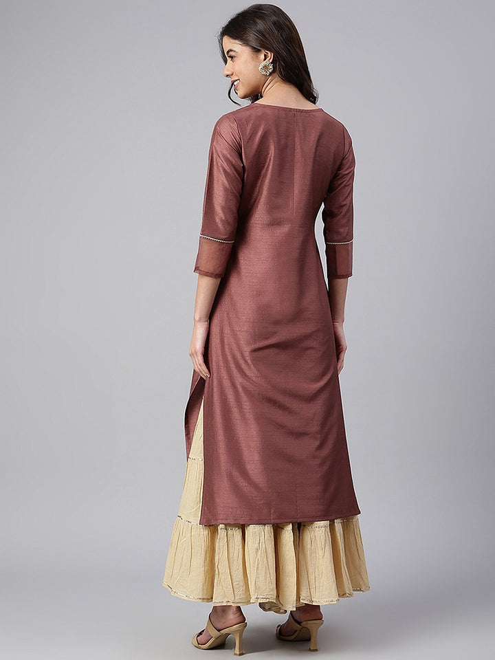 Brown Poly Silk Foil Print Straight Kurta