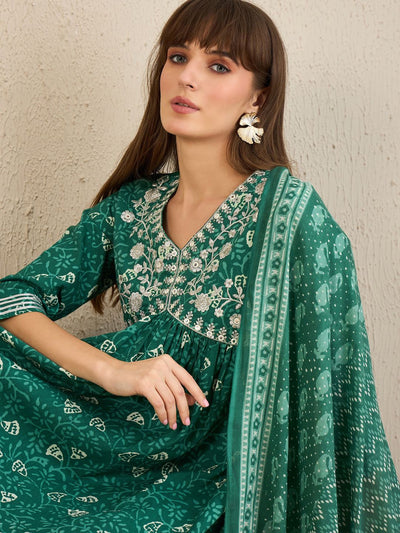 Green Embroidered A-Line Kurta Trousers With Dupatta Set