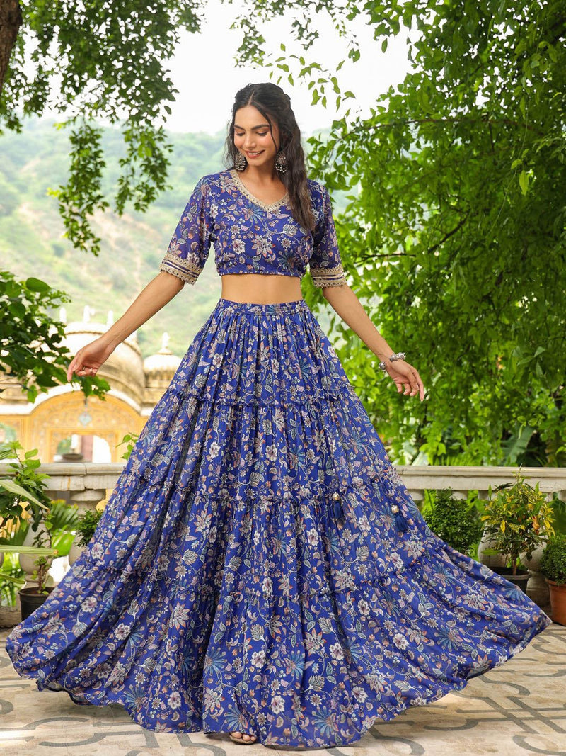 BLUE GEORGETTE FLORAL PRINTED TIERED LEHENGA CHOLI SET