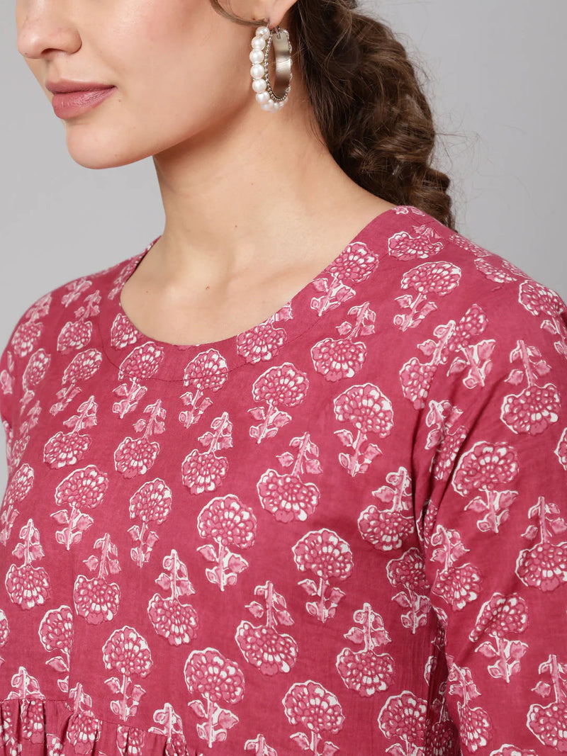 COTTON PRINTED ROUND NECK 3/4 SLEEVE FLARED ANKLE LENGTH ETHNIC KURTA