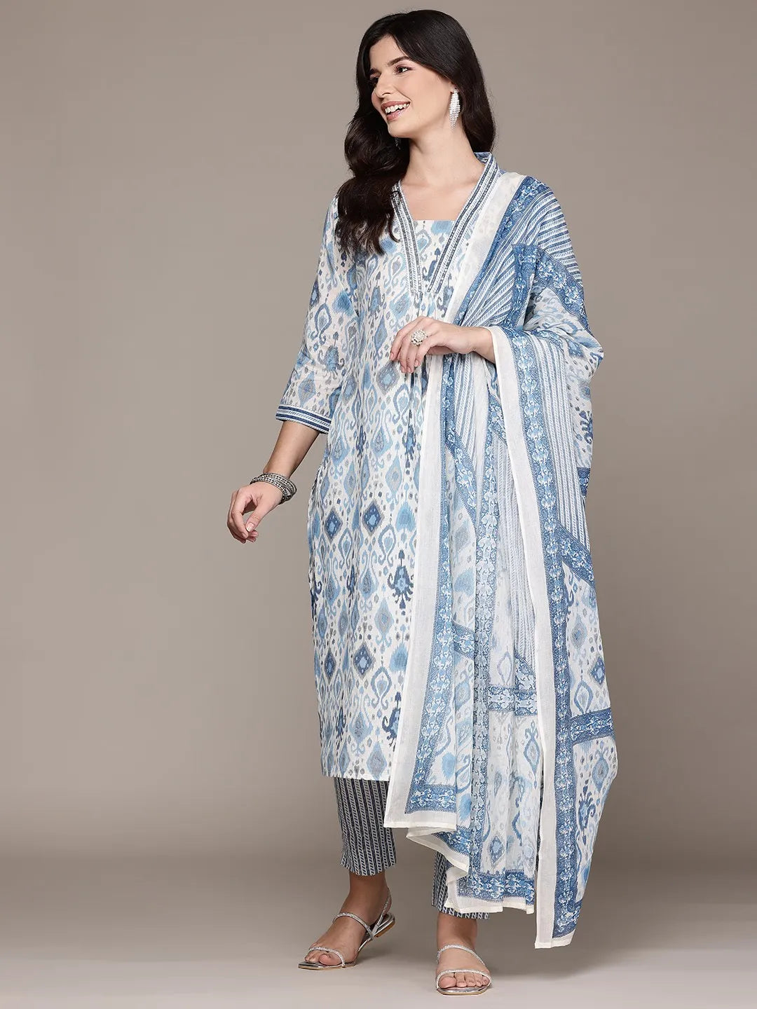 A line Blue Printed kurta with Palazzo and Dupatta with Sequin work