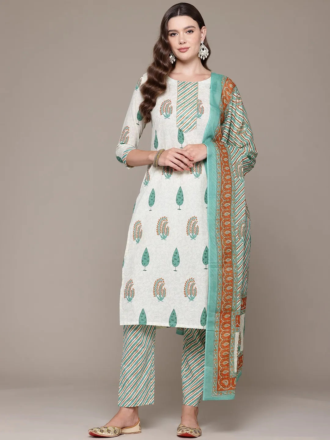 Straight Sea Green Printed Kurta with Palazzo and Dupatta with Bead work