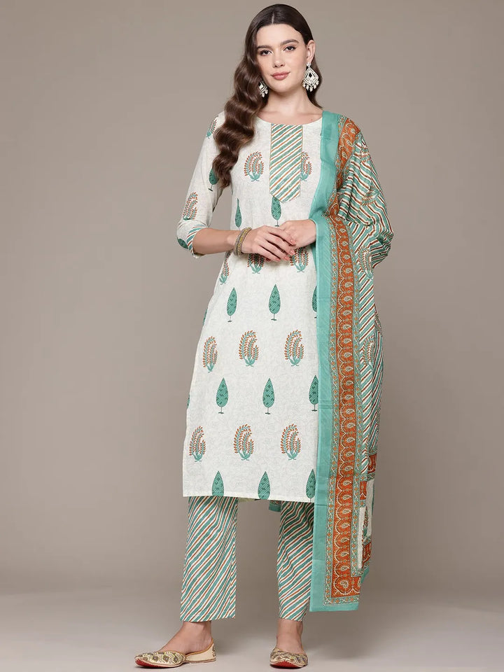 Straight Sea Green Printed Kurta with Palazzo and Dupatta with Bead work