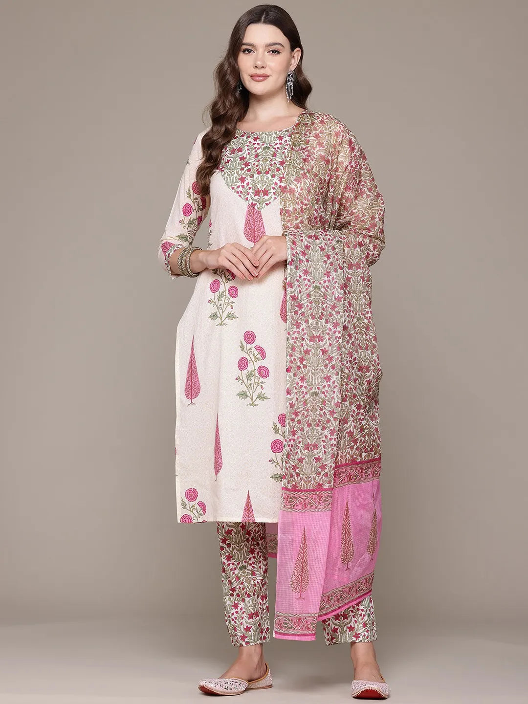 Straight Magenta Printed kurta with Palazzo and Dupatta with Sequin work