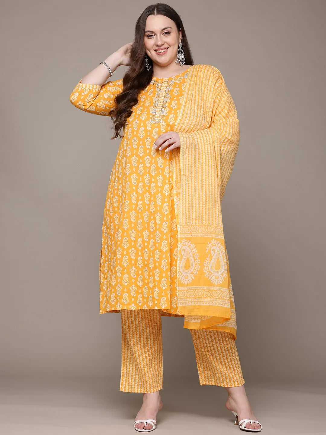 Straight Paisley Printed Yellow Kurta with Palazzo and Dupatta with Thread work
