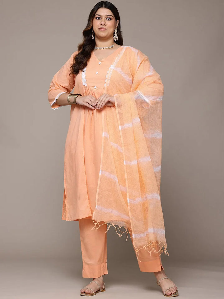 Straight Peach color kurta with Palazzo and dupatta with Crochet lace