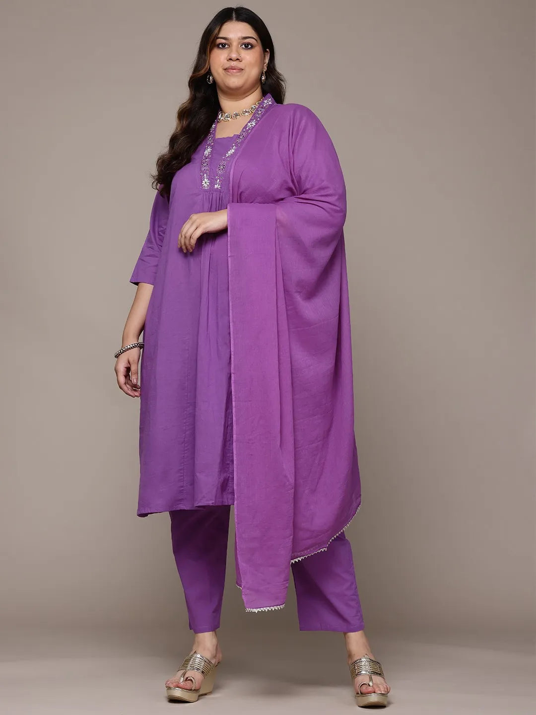 A line  Purple  Kurta with Palazzo and dupatta with Thread work