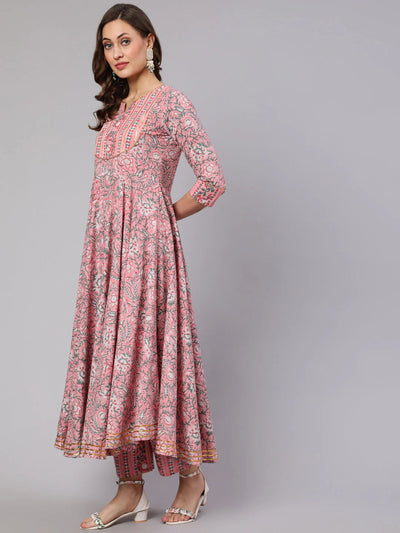 COTTON PRINTED ANKLE LENGTH FLARED ROUND NECK KURTA, PANTS WITH DUPATTA SET