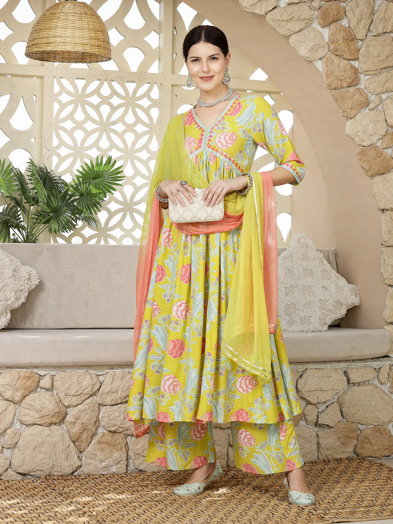 YELLOW FLORAL PRINTED & EMBROIDERED RAYON ALIA CUT KURTA PANT DUPATTA SET