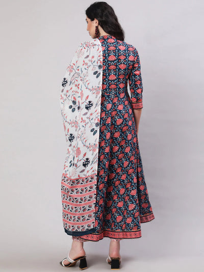 COTTON PRINTED ANKLE LENGTH FLARED 3/4 SLEEVE MANDARIN NECK KURTA, PANTS WITH DUPATTA SET