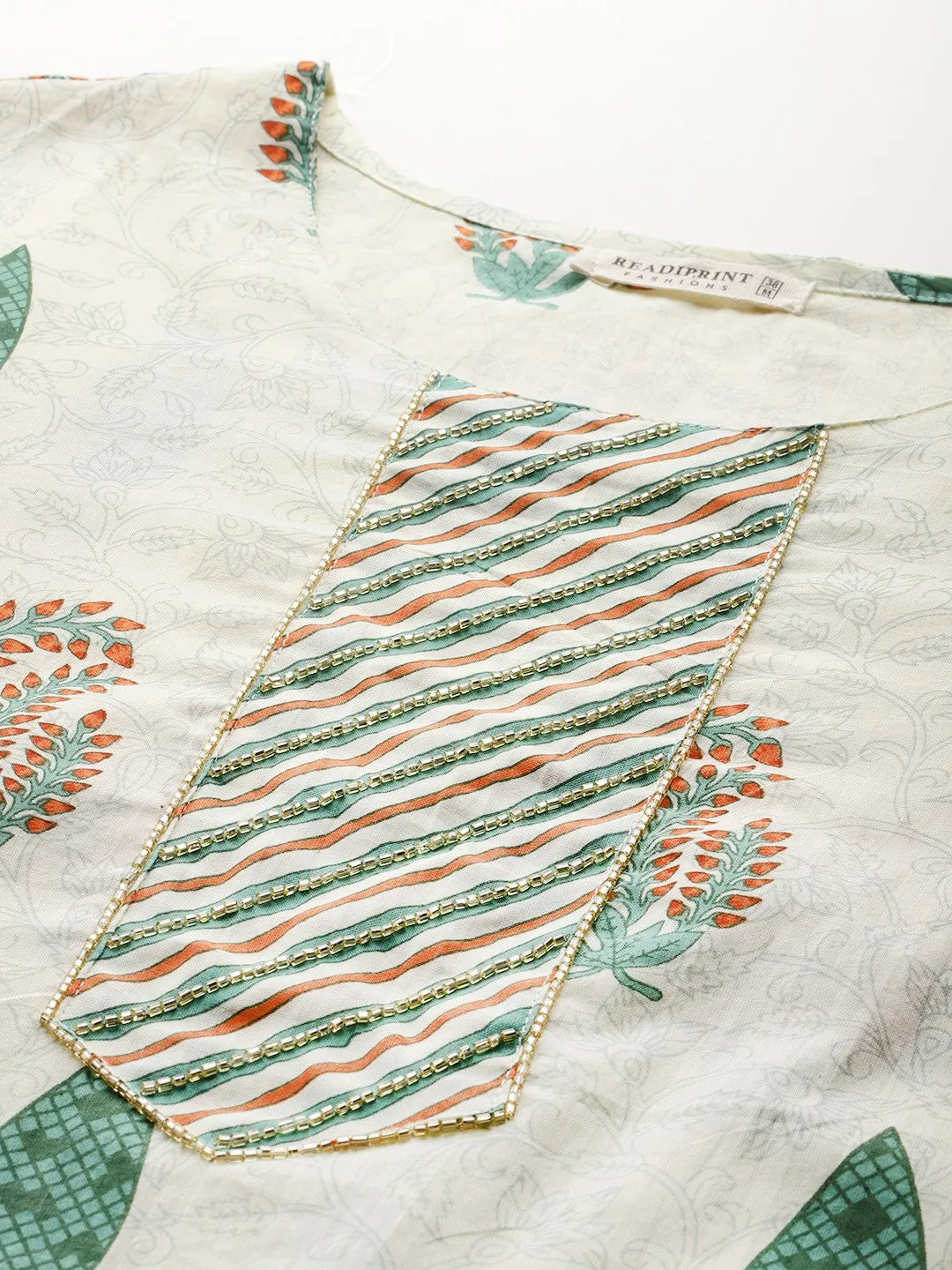 Straight Sea Green Printed Kurta with Palazzo and Dupatta with Bead work