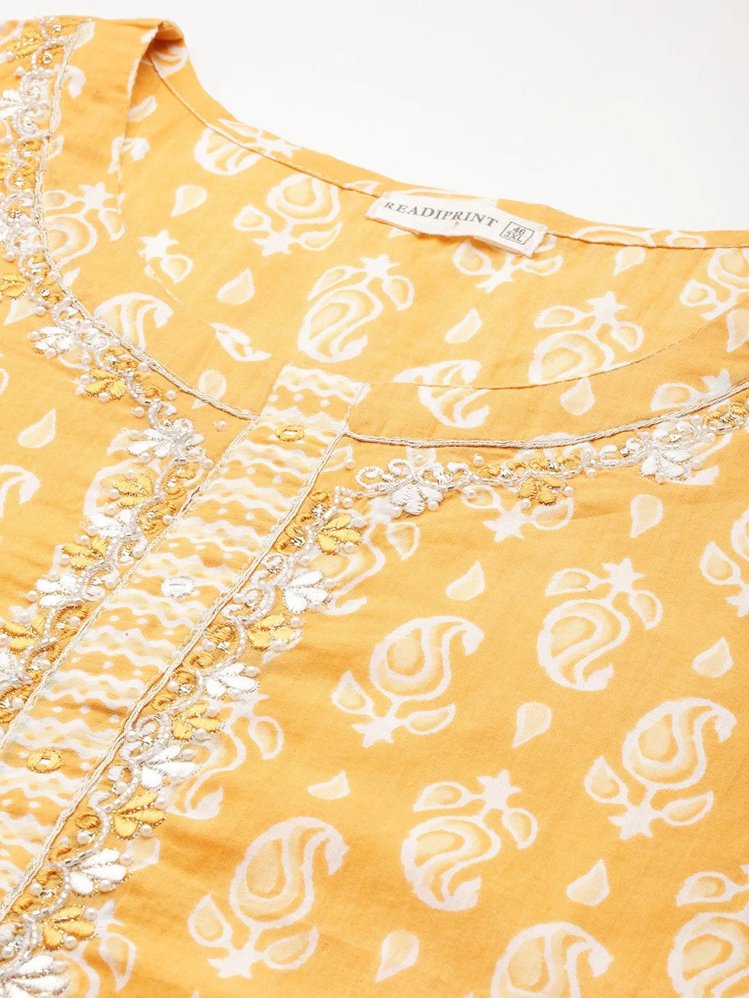 Straight Paisley Printed Yellow Kurta with Palazzo and Dupatta with Thread work