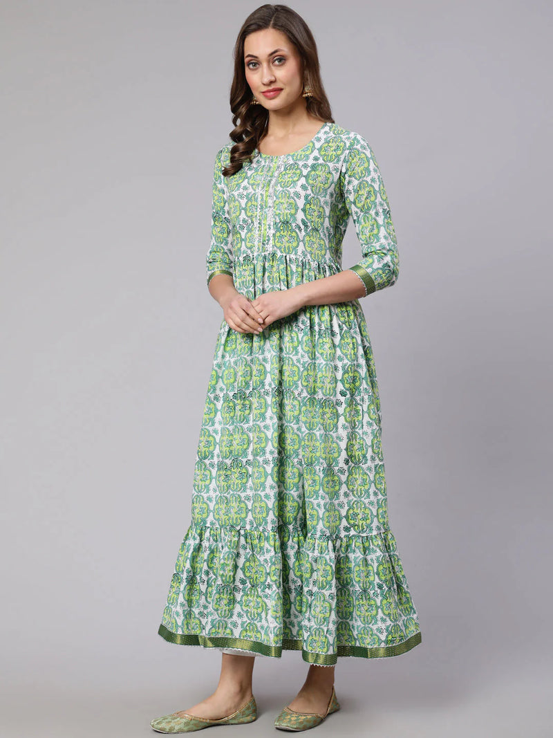 COTTON PRINTED ROUND NECK 3/4 SLEEVE FLARED KURTA