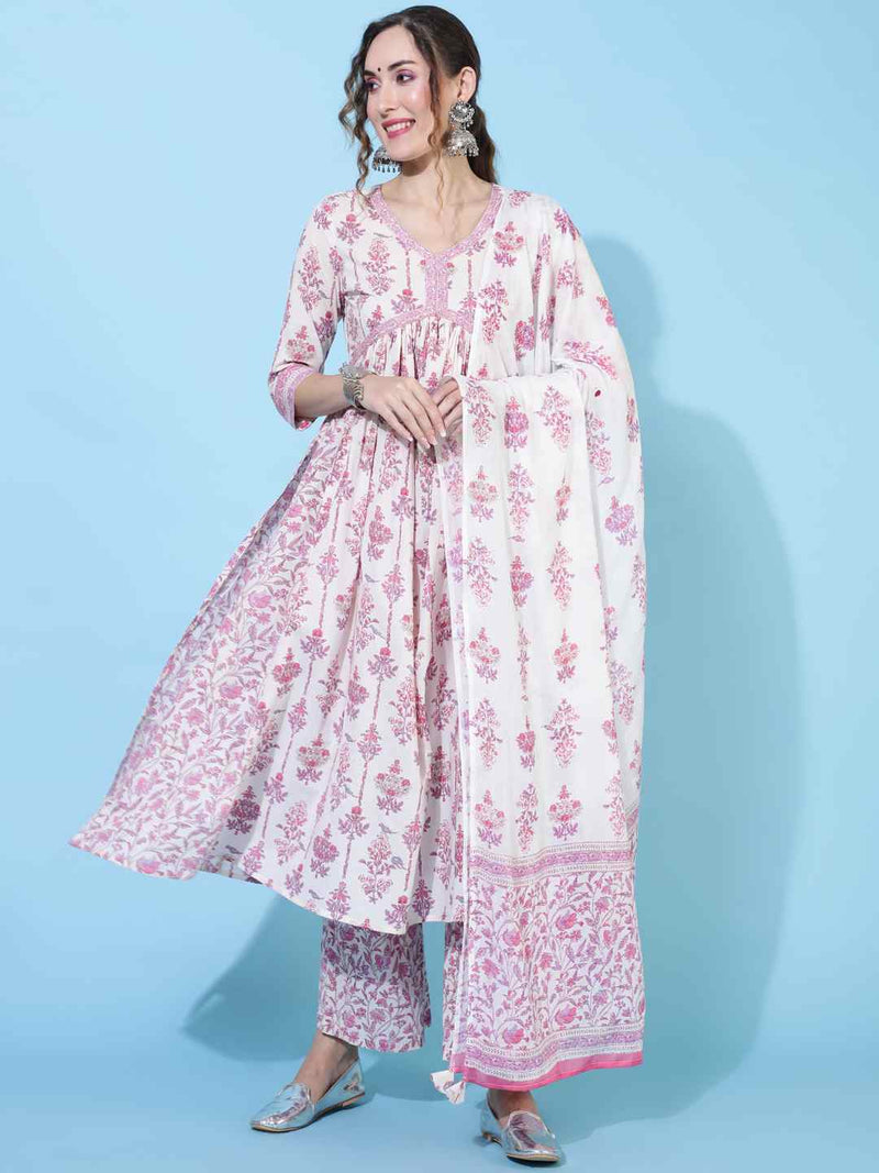 COTTON CALF LENGTH PRINTED FLARED 3/4 SLEEVES V NECK KURTA BOTTOM DUPATTA SET