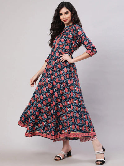 COTTON PRINTED ANKLE LENGTH FLARED 3/4 SLEEVE MANDARIN NECK KURTA, PANTS WITH DUPATTA SET