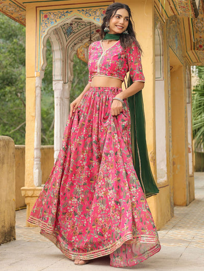 PINK GEORGETTE FLORAL PRINTED GATHERED LEHENGA CHOLI SET