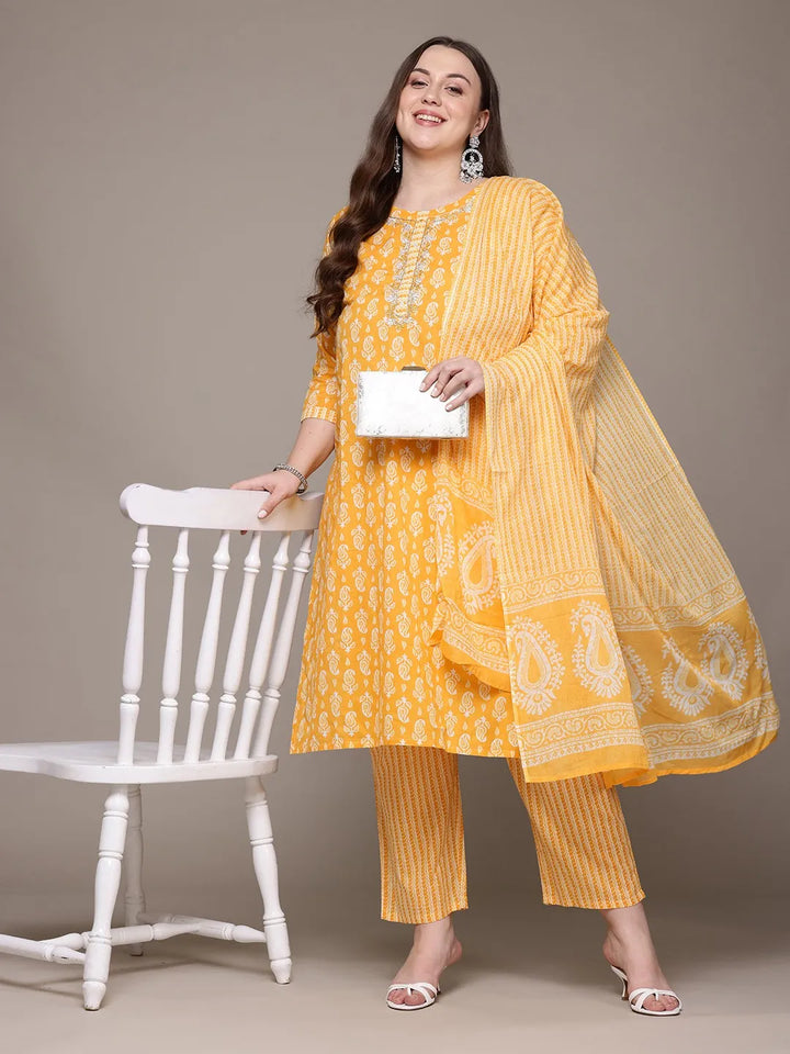 Straight Paisley Printed Yellow Kurta with Palazzo and Dupatta with Thread work