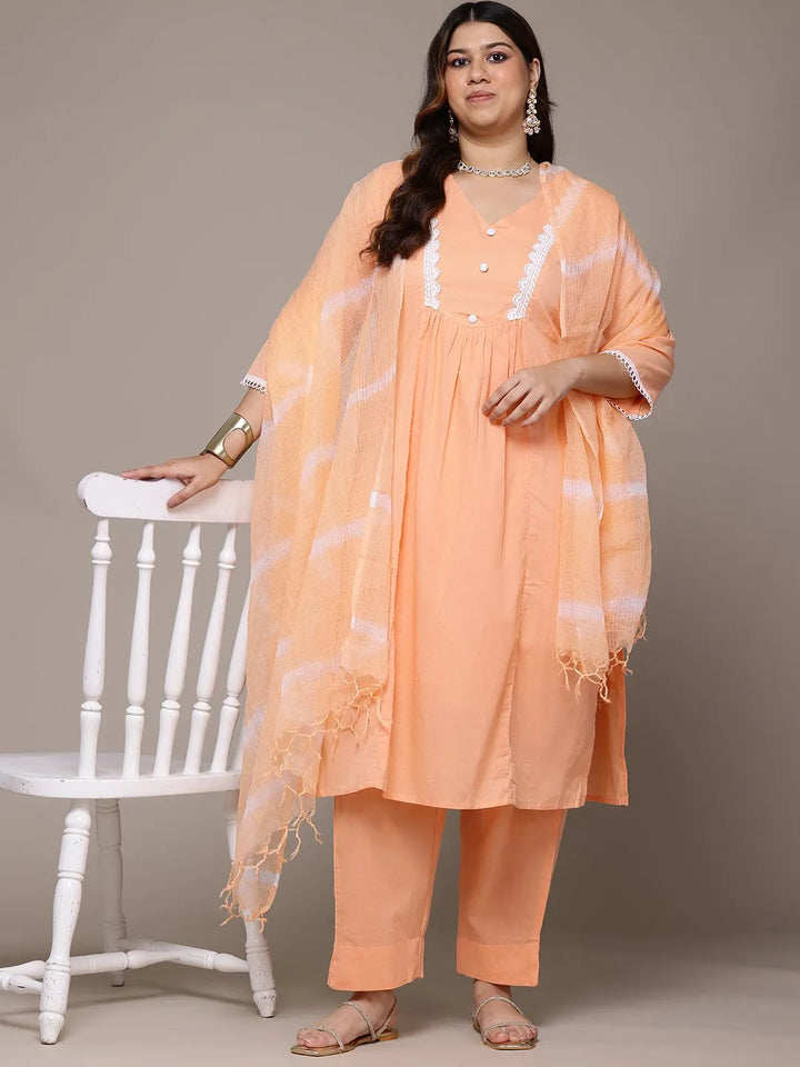 Straight Peach color kurta with Palazzo and dupatta with Crochet lace