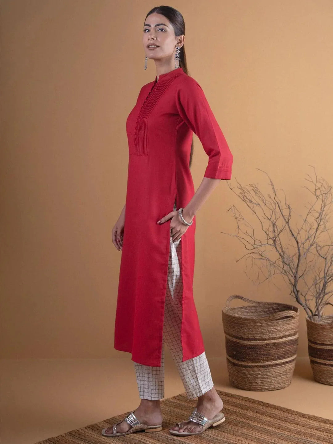 Maroon Solid Cotton Kurta