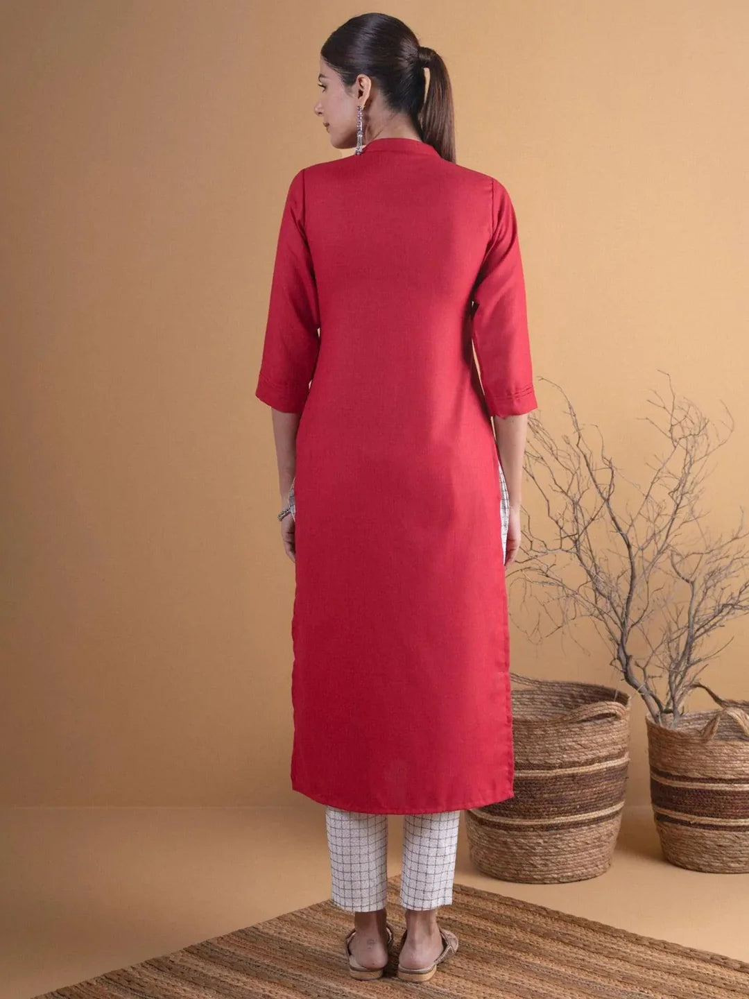 Maroon Solid Cotton Kurta