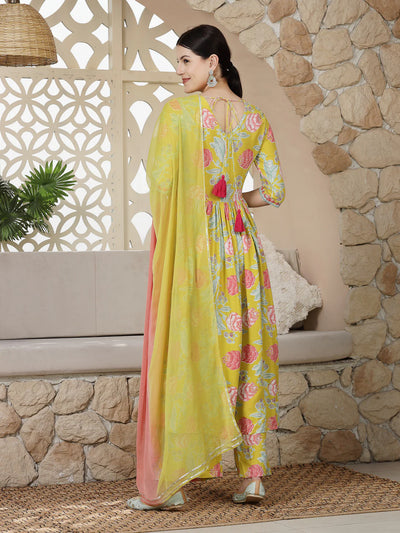 YELLOW FLORAL PRINTED & EMBROIDERED RAYON ALIA CUT KURTA PANT DUPATTA SET