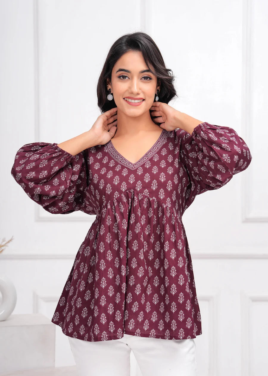 Peplum Top in Burgundy Blossom