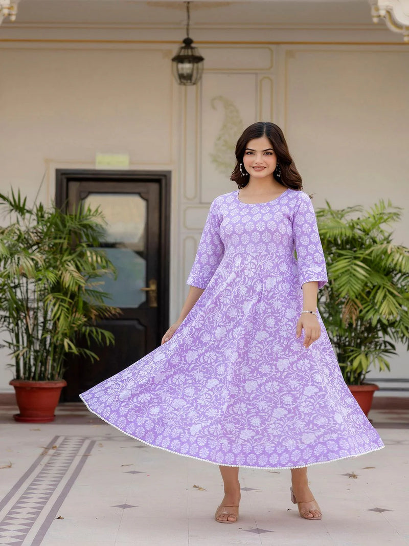 PURPLE ETHNIC PRINTED FLARED DRESS