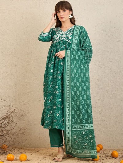 Green Embroidered A-Line Kurta Trousers With Dupatta Set