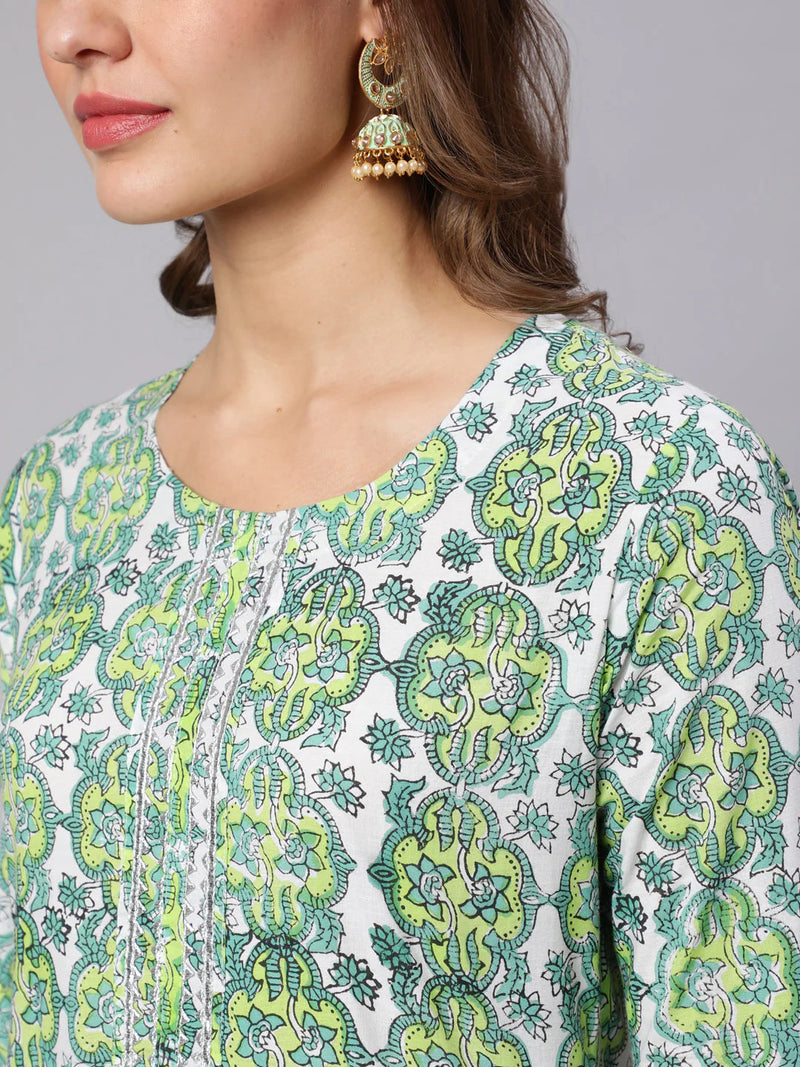 COTTON PRINTED ROUND NECK 3/4 SLEEVE FLARED KURTA