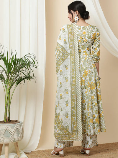 COTTON CALF LENGTH PRINTED FLARED 3/4 SLEEVES ROUND KURTA BOTTOM DUPATTA SET