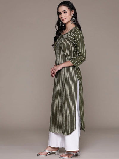 STRAIGHT STYLE COTTON FABRIC OLIVE GREEN COLOR KURTI WITH GOTA & BEADS WORK