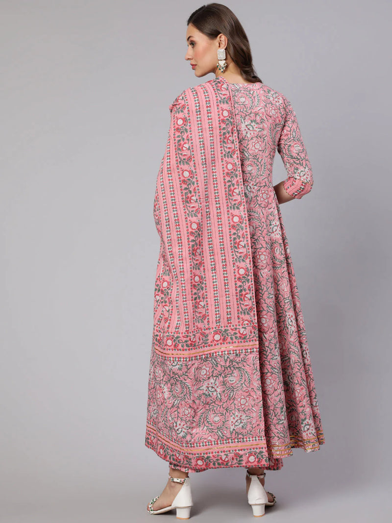 COTTON PRINTED ANKLE LENGTH FLARED ROUND NECK KURTA, PANTS WITH DUPATTA SET