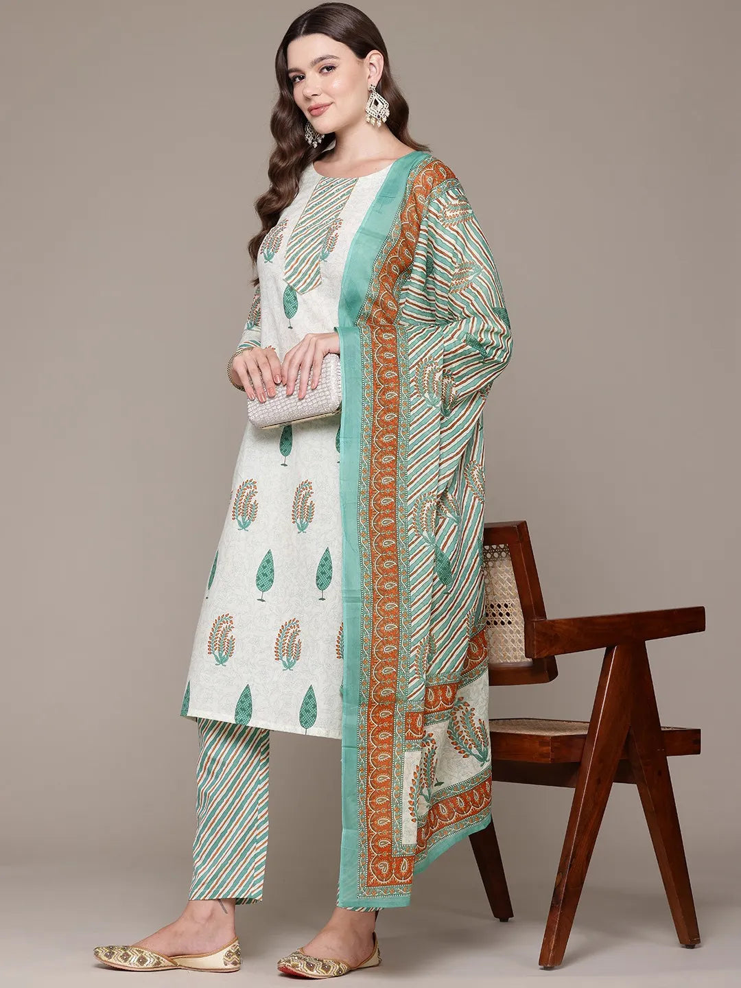 Straight Sea Green Printed Kurta with Palazzo and Dupatta with Bead work