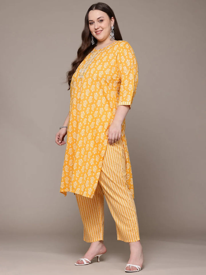 Straight Paisley Printed Yellow Kurta with Palazzo and Dupatta with Thread work