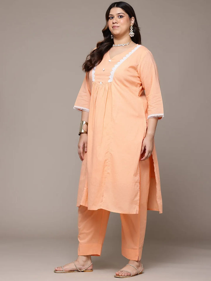 Straight Peach color kurta with Palazzo and dupatta with Crochet lace
