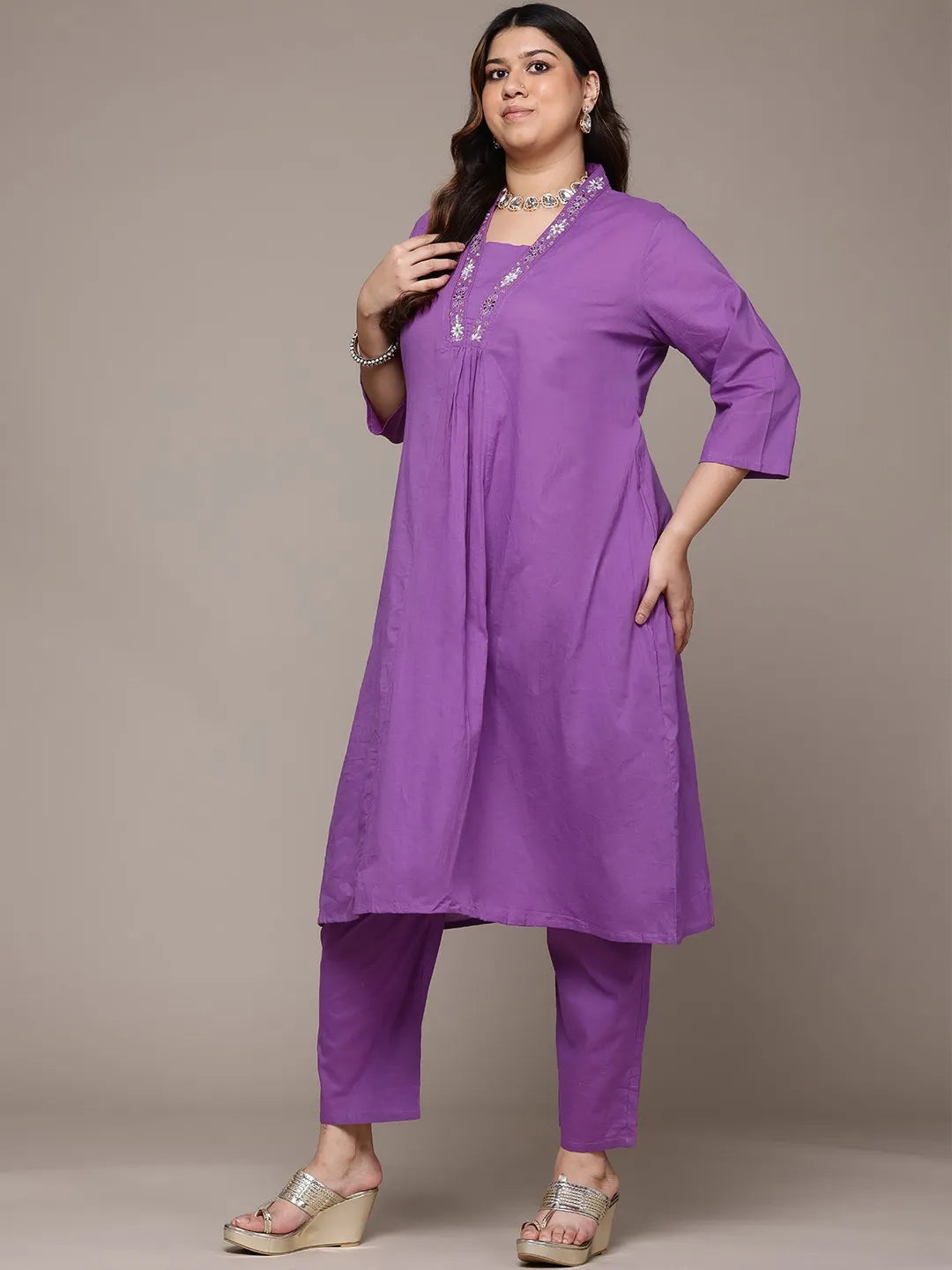 A line  Purple  Kurta with Palazzo and dupatta with Thread work