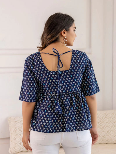 NAVY BLUE PRINTED V-NECK PEPLUM TUNIC