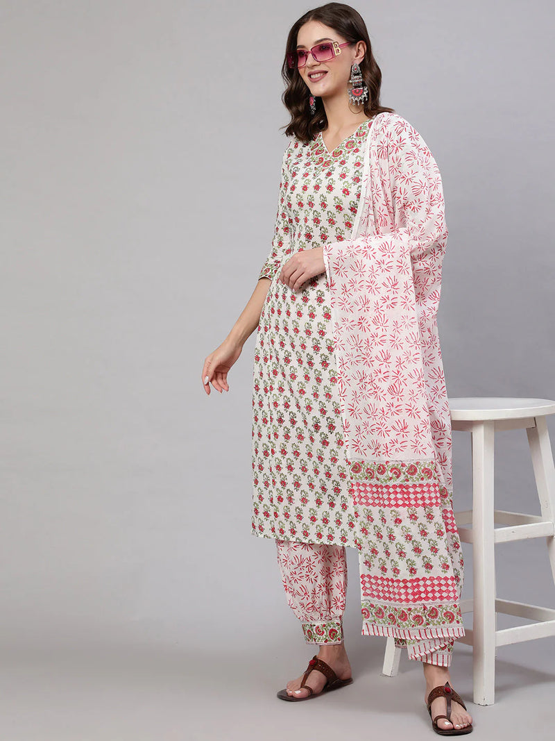 COTTON PRINTED CALF LENGTH STRAIGHT 3/4 SLEEVE ROUND NECK KURTA, PANTS WITH DUPATTA SET