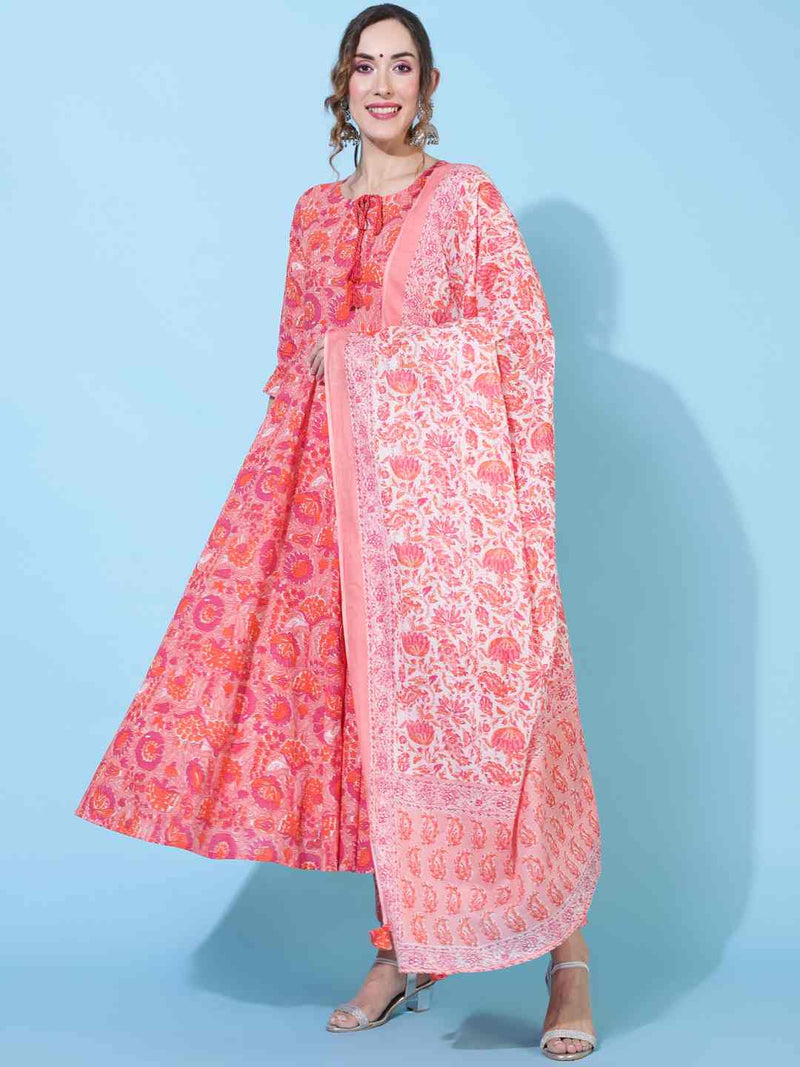 COTTON CALF LENGTH PRINTED FLARED 3/4 SLEEVES ROUND KURTA BOTTOM DUPATTA SET